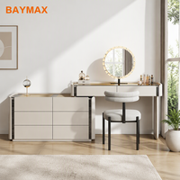 Table de maquillage haut de gamme avec plateau en verre, finition peinte en contreplaqué, tiroirs avec revêtement floqué, meubles de chambre à coucher