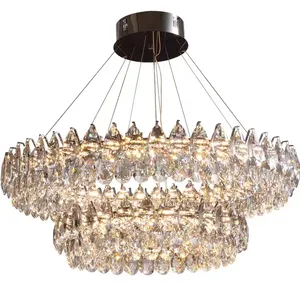 Factory Suppliers 2 Layers Round Indoor Luxury Ceiling Chandelier Silver Led Living Room Crystal Chandeliers & Pendant Lights