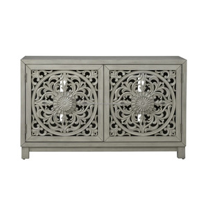 Gabinete de buffet de cuatro puertas atractivo antiguo, diseño Floral de Mandala tallado a mano, acabado Gris desgastado para sala de estar, comedor, Hotel - Product Image 1