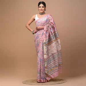 Sari en soie Maheshwari pure imprimé à la main avec pièce de blouse – Élégant soie Maheshwari pure – Vêtement ethnique imprimé à la main - Product Image 1