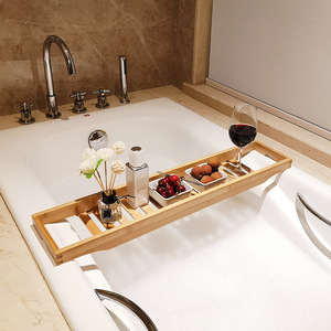 Support de rangement pour baignoire en bambou blanc, 1 niveau, plateau amovible pour verre à vin, téléphone, tablette - Product Image 2
