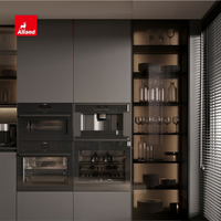 Meubles de cuisine modernes Alland, armoires sans poignées, armoires sur mesure avec porte en verre transparent et éclairage LED