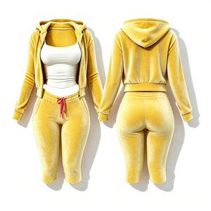 Custom Logo <b>Women</b> Leopard 2 Piece <b>Velour</b> <b>Tracksuit</b> Full Zip Striped Hooded Crop Jacket Capri Legging Set Y2K Velvet <b>Women's</b> Sets - Product Image 2