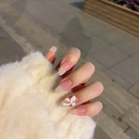 24 faux ongles cercueil moyens à presser, rose nude ombré, avec nœud blanc 3D, réutilisables en ABS, avec colle, pour femmes, pour usage quotidien