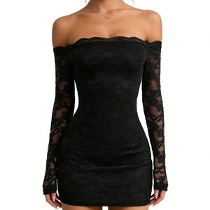 เดรสสั้นลูกไม้เปิดไหล่แขนยาวทรงเข้ารูปสำหรับผู้หญิง แต่งขอบด้วยผ้าลูกไม้ เหมาะสำหรับงานกลางคืน แฟชั่นชุดเดรส - Product Image 3