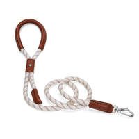 Laisse de promenade pour animaux de compagnie en corde de nylon tressée ronde à motif rayé, personnalisée en usine, avec poignée rembourrée en cuir de vache véritable et mousqueton en métal argenté