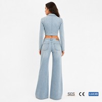 Veste courte en denim délavé 11oz à revers crantés et double boutonnage, et jean évasé à jambe large pour femme, tailles OEM XS-5XL