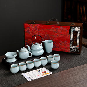 Service à thé Ru Kiln complet, théière en forme de calebasse avec poignée, grande capacité, céramique haut de gamme, coffret cadeau pour le Nouvel An chinois - Product Image 4