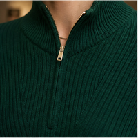 Robe pull maxi moulante côtelée à col montant et demi-zip pour femme, vert forêt, manches longues, chic automne-hiver