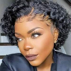 FX-HTA200 Brazilian for Swiss Lace Black Blunt Cut Short Water Curly Bob Pixie Closure Wig Cheap <strong>Lacewig</strong> Human Hair Extension - Product Image 3