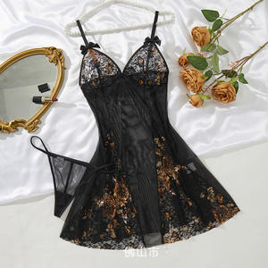 AZA825071浪漫奢华晚装女性性感蕾丝软装丁字裤内衣套装蝴蝶结婴儿透明内衣 - Product Image 6