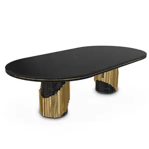 Tabelas de mármore de jantar, mobília italiana de luxo de aço inoxidável forma oval moderna para móveis 8 lugares