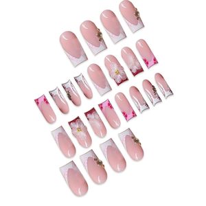 24 Uds <span class=keywords><strong>uñas</strong></span> postizas largas para mujer punta francesa a presión cuadrado acrílico rojo <span class=keywords><strong>con</strong></span> Material ABS diseños de <span class=keywords><strong>flores</strong></span> artificiales en los dedos - Product Image 2