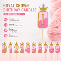 Lot de bougies numérotées pour gâteau, thème Princesse, 0-9, avec couronne et chiffres dégradés roses, sur piques en bois