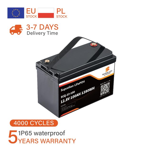 SUPCELION EU stock 12.8V 100Ah LiFePO4 Semi-Solid State Lithium Battery Pack Bluetooth 5.0 IP65 10-Year Warranty 4000 Cycles
