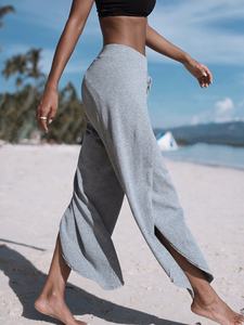 <span class=keywords><strong>Pantaloni</strong></span> da donna a vita alta <span class=keywords><strong>con</strong></span> coulisse, gamba larga, spacco laterale, vestibilità ampia, per spiaggia, yoga e tempo libero, grigio - Product Image 2