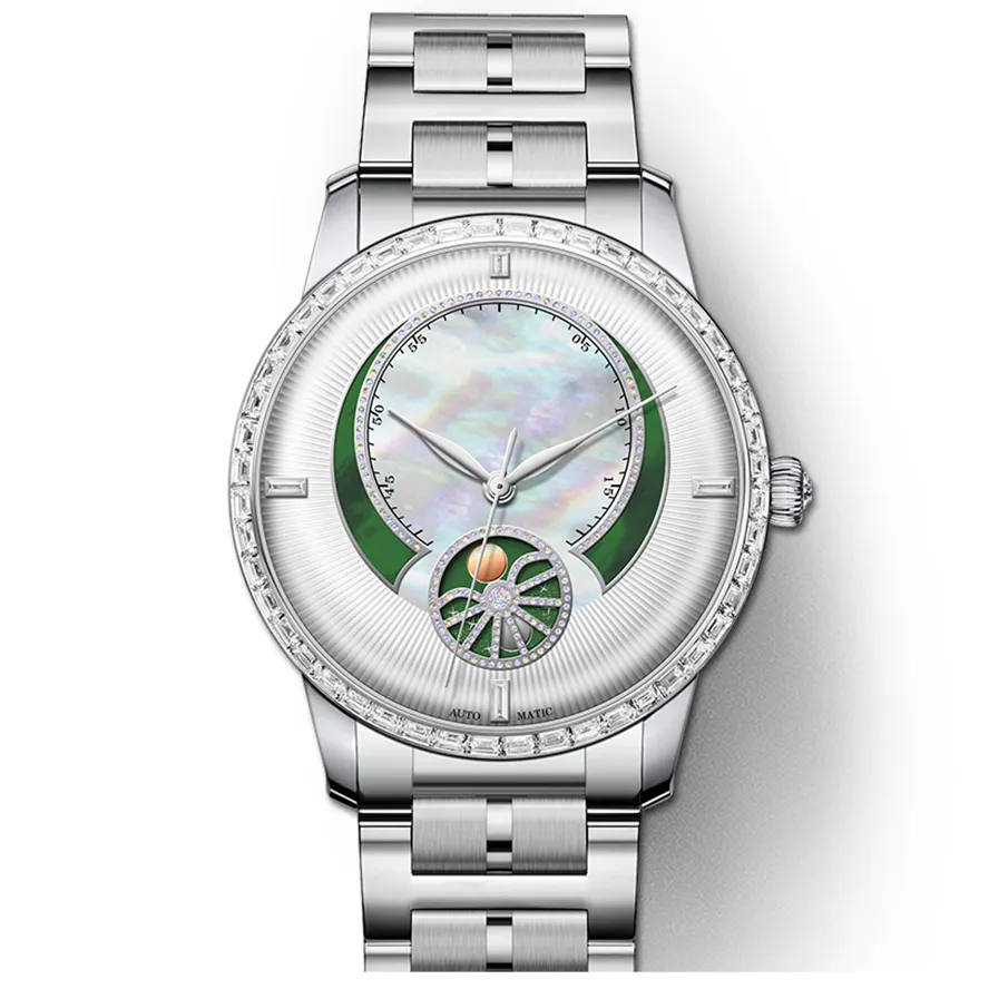 Grosir jam tangan mekanis otomatis wanita berlian fase bulan matahari gelang Padat Baja tahan karat