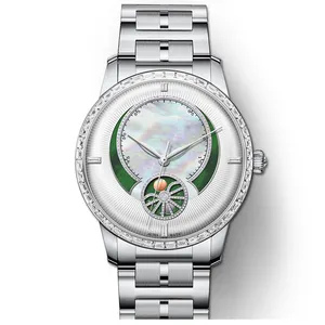 Wholesales stainless steel solid band sun-moon phase diamond lady's automatic mechanical watches