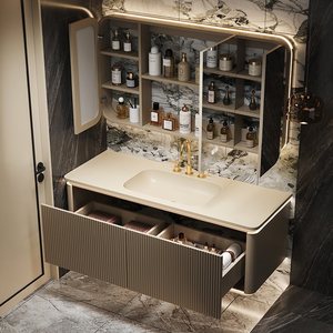 Modern Light Luxury Lacquer MDF <b>Wall</b>-Mounted Vanity Combo Integrated Basin Moisture-Proof Smart <b>Mirror</b> Bathroom Cabinet - Product Image 5