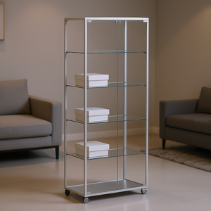 Vitrine encadrée en aluminium 71x37x180 cm blanche avec 2 portes verrouillables, 4 étagères réglables sur roulettes - Product Image 3