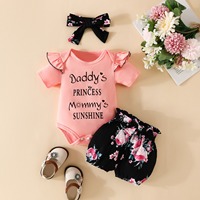 Ensemble de tenue 3 pièces pour bébé fille, barboteuse à manches courtes à volants, short à imprimé floral, bandeau, vêtements d'été pour nouveau-nés filles
