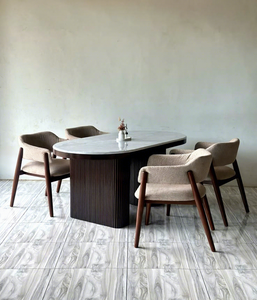 Table à manger ovale moderne, plateau en marbre, base en bois cannelé, mobilier minimaliste pour salle à manger, maison - Product Image 2