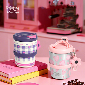 แก้วเก็บความร้อนกาแฟพิมพ์ลายน่ารัก ขนาด 350 มล. ทำจากสแตนเลส พกพาสะดวก พร้อมสายคล้องลายดอกไม้ ฝาปิดแบบพลิก เหมาะสำหรับเป็นของขวัญสำหรับสำนักงาน - Product Image 5