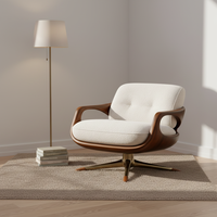 Fauteuil d'appoint pivotant moderne - Structure en bois, base dorée, revêtement en velours crème écologique et durable, rotation à 360 degrés, pour la maison, le bureau ou la chambre