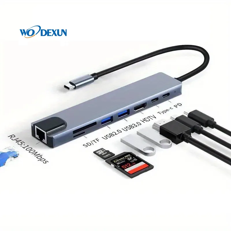 8 in 1 Type-Cハブマルチポートドックステーション、4K HDMI USB3.0 RJ45 SDTF USB-C PD充電アダプター8ポートUSBCハブ