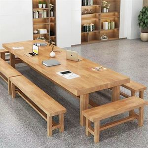 Solid Wood Conference Table Large <b>Long</b> <b>Desk</b> Office Workbench Modern Simple Design Meeting Table With Benches - Product Image 1