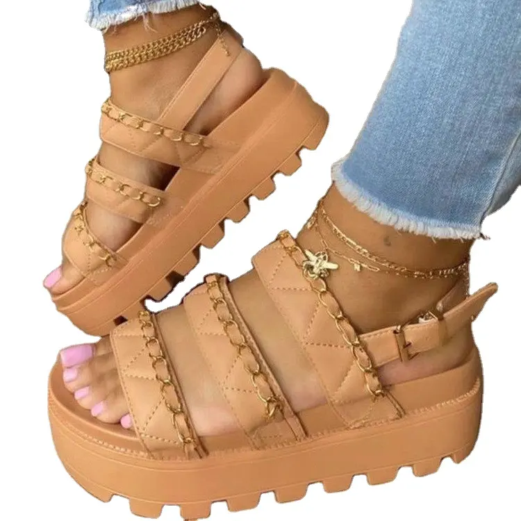 Sandalias de suela gruesa con hebilla de cadena de metal para mujer, zapatos de tacón de gatito, zapatillas de exterior, para verano