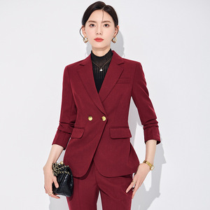 Women's Suit <b>Set</b> Burgundy Double Breasted Blazer Pants <b>Office</b> Lady Autumn Anti-Wrinkle Polyester Full Sleeve - Product Image 1