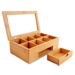 Wooden Tea Coffee Bag Storage Organizer Bamboo Tea Box with Small Drawer and Glass Window