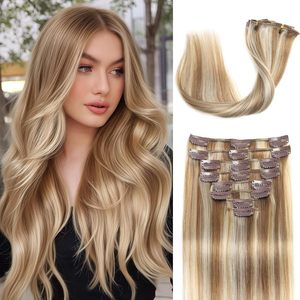Extensioni di capelli umani biondi platino a doppia trama, lisce e setose, con clip, per donna - Product Image 2
