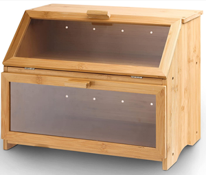 Extra Large-2 Layer Farmhouse Bamboo Bread box With Clear Window For Kitchen Counter Storage Holder