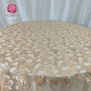 READY 132 INCH ROUND luxury champagne TABLE OVERLAY CLOTH EMBROIDERY ON MESH FOR WEDDING AND PARTY