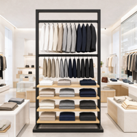 Portant à vêtements double niveau en fer noir avec 4 étagères en bois pour chemises et pantalons – Usage commercial