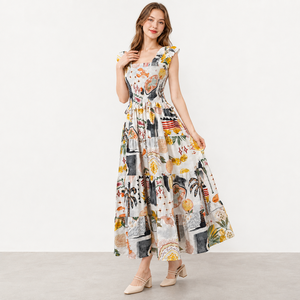 Abito lungo da donna con stampa tropicale fantasia, corpetto smock, spalline arricciate, orlo a balze, vestito estivo da spiaggia, nuovo stile - Product Image 3