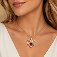 Collier Pendentif Cœur Ouvert Lettre d'Amour Pavé CZ Pierre Rouge Or Rose Bijou Romantique pour Femme Vente en Gros