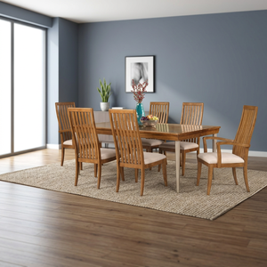 Juego de Comedor de Diseño Americano Moderno en Madera Marrón y Plateado - Mesa Rectangular, 6 Sillas con Respaldo de Escalera, Asientos Tapizados, Estilo Casual Contemporáneo - Product Image 3