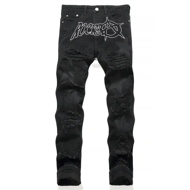 جينز مخصص أسود مُخطط للخروج غير رسمي مستقيم فضفاض مقاس كبير من قماش الدنيم