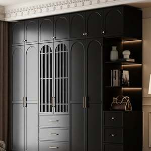 Armoire encastrée moderne et sombre avec éclairage LED, quincaillerie en laiton, rangement ouvert, meubles en bois pour chambre à coucher - Product Image 2