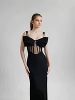 Robe longue noire de soirée de luxe à fines bretelles, transparente, à baleines, fendue et ajustée, nouvelle collection été