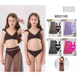 WQ21105 Set costume da bagno per ragazza, top bikini con gonna in rete e slip, taglia 8 10 12 14 16, colore A B C D - Product Image 1