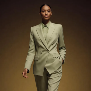 Costume vert sauge à double boutonnage, blazer structuré, ensemble pantalon ajusté, tenue de bureau élégante pour femmes, tenue professionnelle - Product Image 1