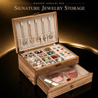 Boîte à bijoux en bois avec crochets pour colliers, compartiments divisés et tiroir coulissant, organiseur de bijoux doublé de tissu