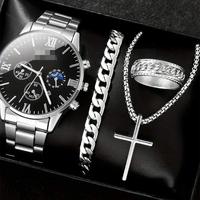 Coffret Montre à Quartz Calendrier Échelle Romaine Business pour Hommes, Collier Croix, Bracelet et Bague