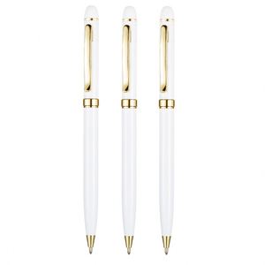 Gloss White Gold Trim Slim Metal Twist <b>Ballpoint</b> <b>Pen</b>, Elegant Luxury Signature <b>Pen</b> Custom Logo for Hotel Business Corporate Gift - Product Image 2