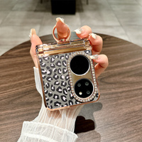 Funda de Lujo para P50 Pocket con Anillo y Soporte, Diseño de Leopardo con Diamantes, Electrochapada, Plegable, Protección Total a Prueba de Golpes