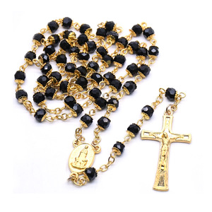 Collier chapelet Fatima en cristal noir 4x6mm avec croix dorée, bijoux religieux pour cérémonies - Product Image 5